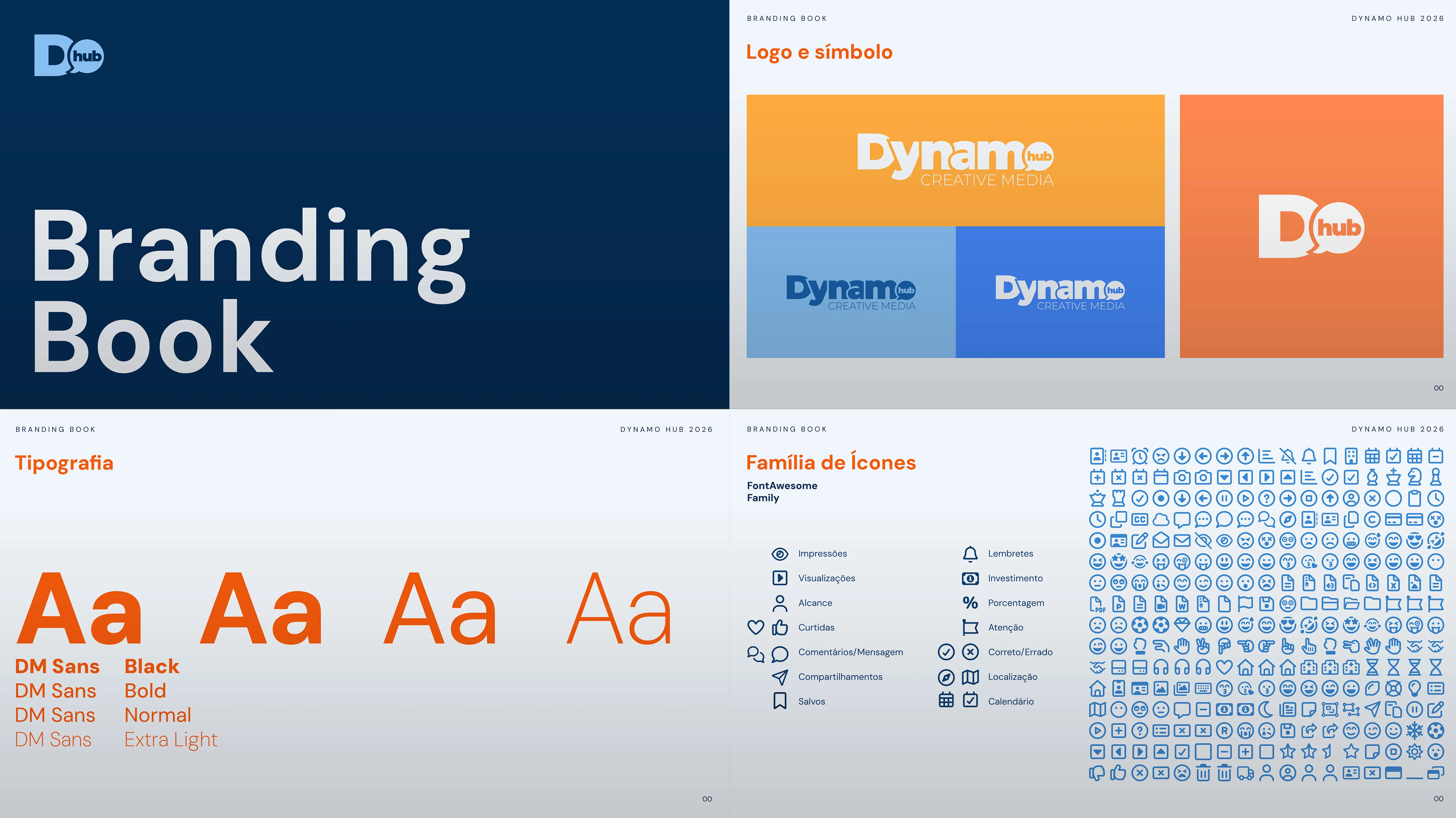 Four-panel spread from the Dynamo Hub branding book showing the cover, logo variations, typography, and icon family.