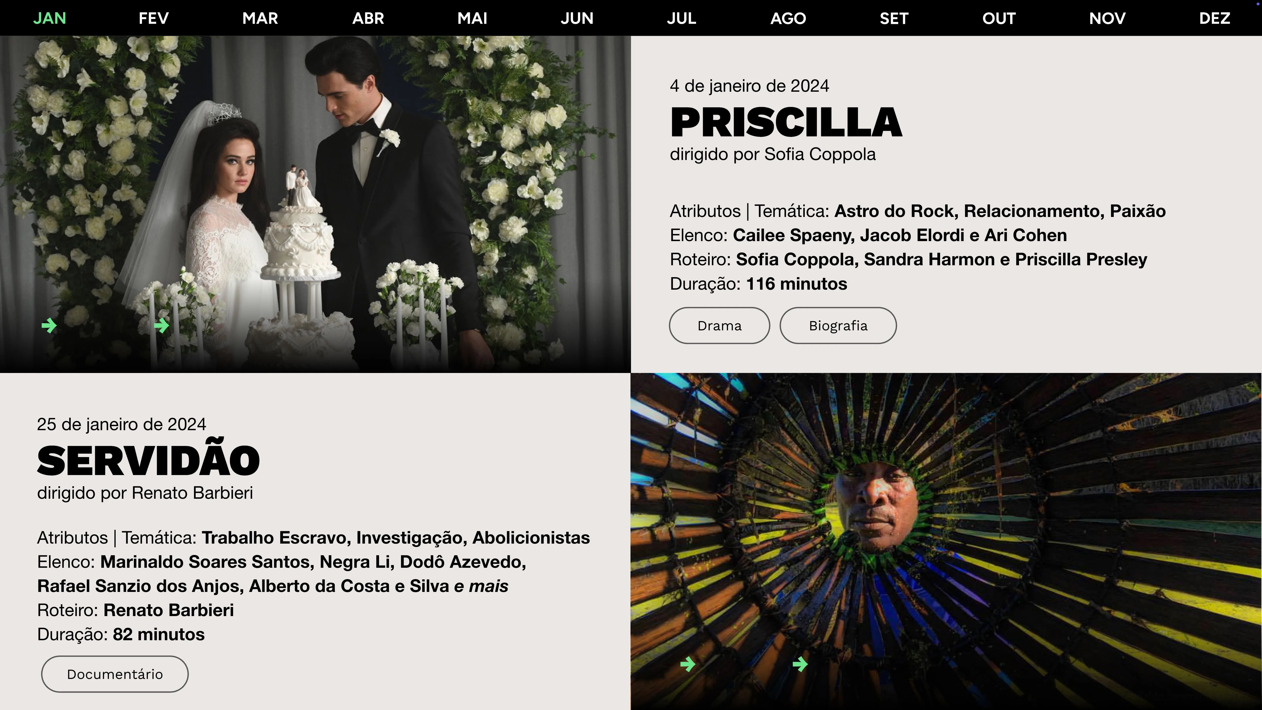 Monthly release calendar page featuring the films Priscilla and Servidão, with synopsis, cast, and genre tags.